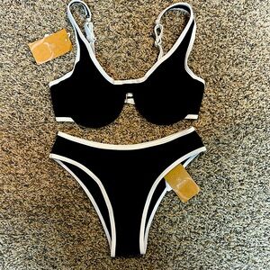Berlook Contrast Trim Underwire Bikini Top & Bottom Swimwear Set Black White M